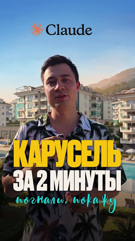 Обложка ролика «Карусель за 2 минуты»: кадр владельца, крупная жёлтая надпись.